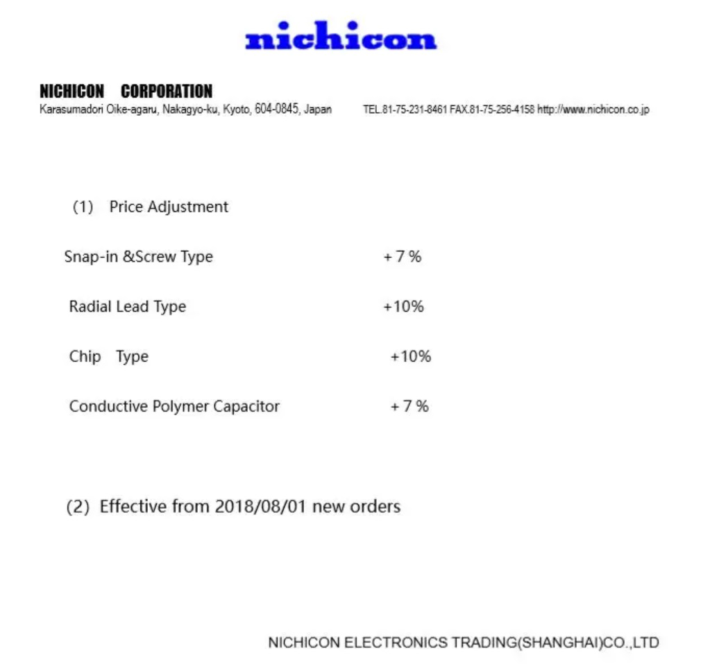 Nichicon will increase the price of aluminum electrolytic capacitor products-SemiMedia