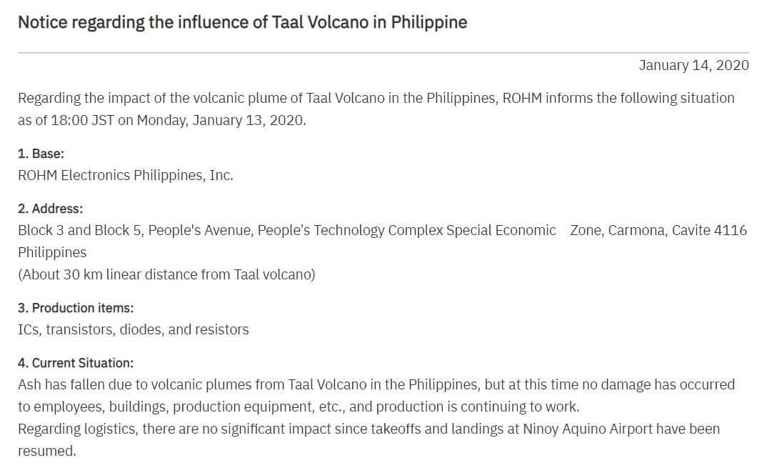 ROHM Semiconductor issues notice regarding the influence of Taal Volcano in Philippine-SemiMedia